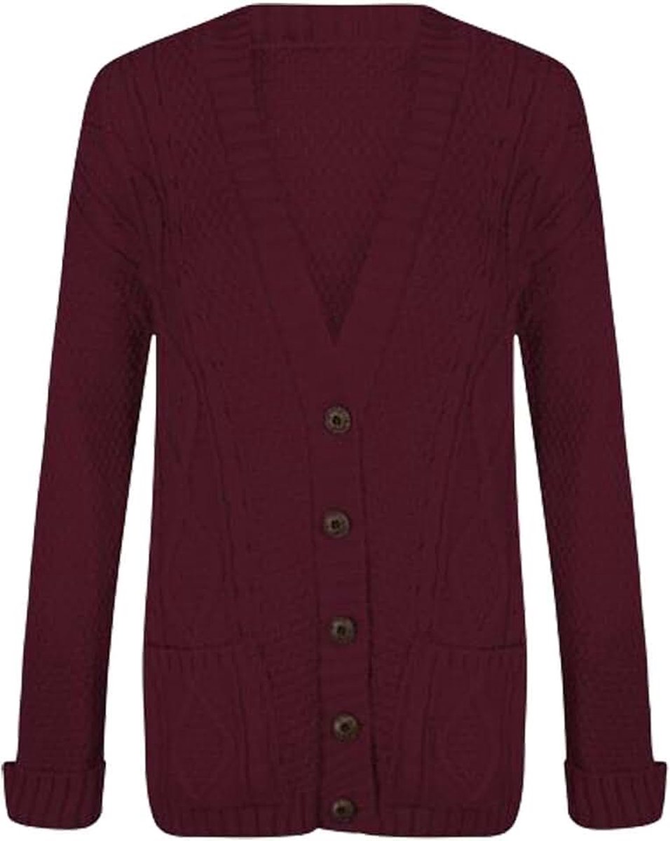 Lange mouwen Aran Kabel Gebreide Button Up Grandad Cardigan Sweater Top, Wijn, 46/48/Meer