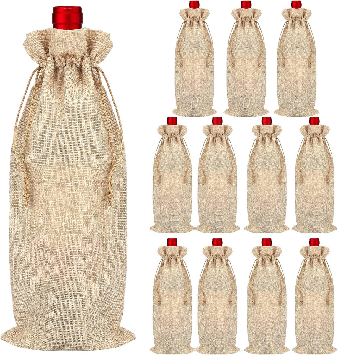 12 stuks bruine jute fles wijnzakken, 16 x 36 cm Hessische jute wijnfles geschenkzakken met trekkoord