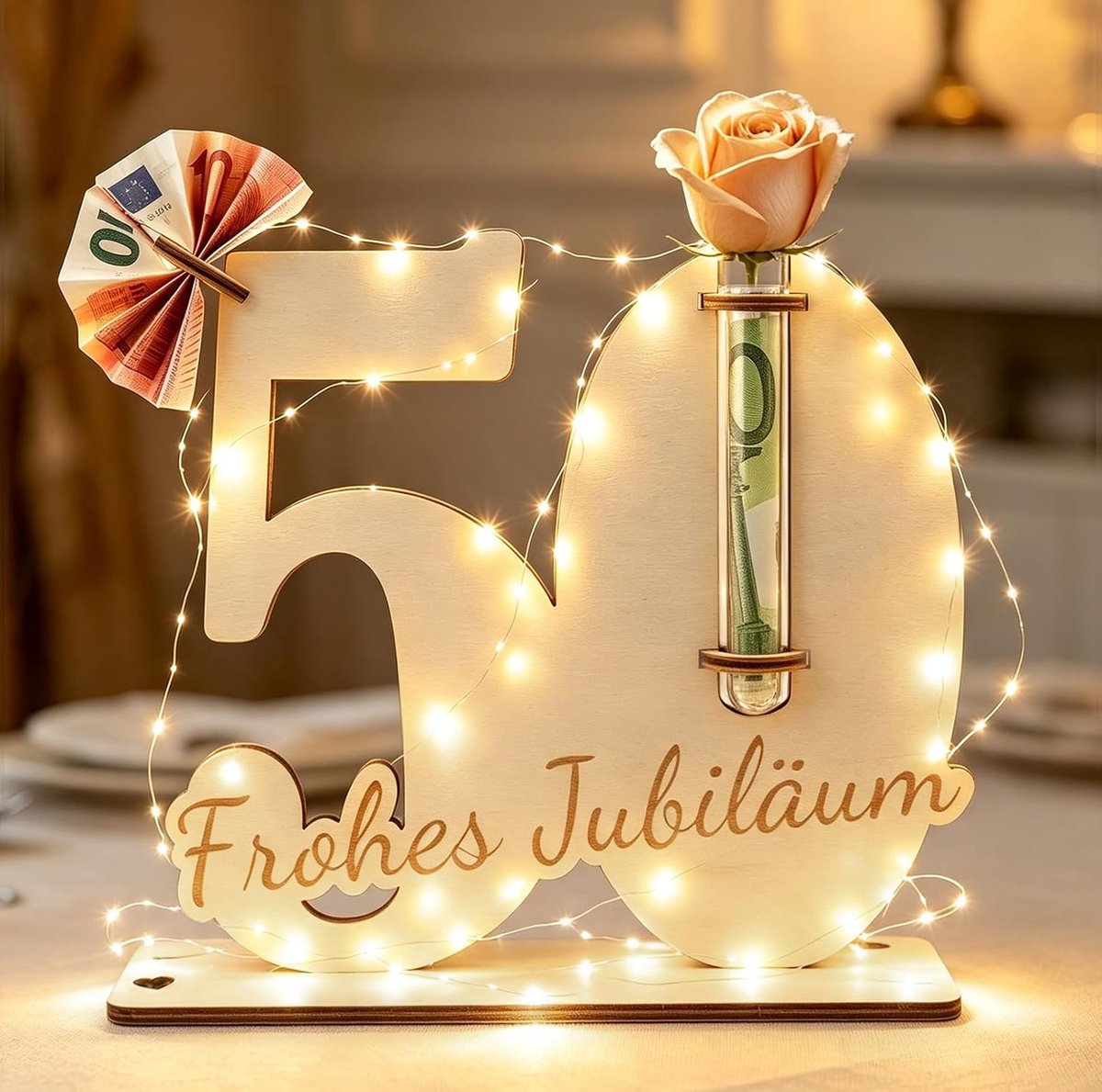 Huwelijksgeschenken, houten geldgeschenk kaart voor 50 jaar huwelijk decoratie met LED-verlichting, cadeau-idee voor 50e trouwdag