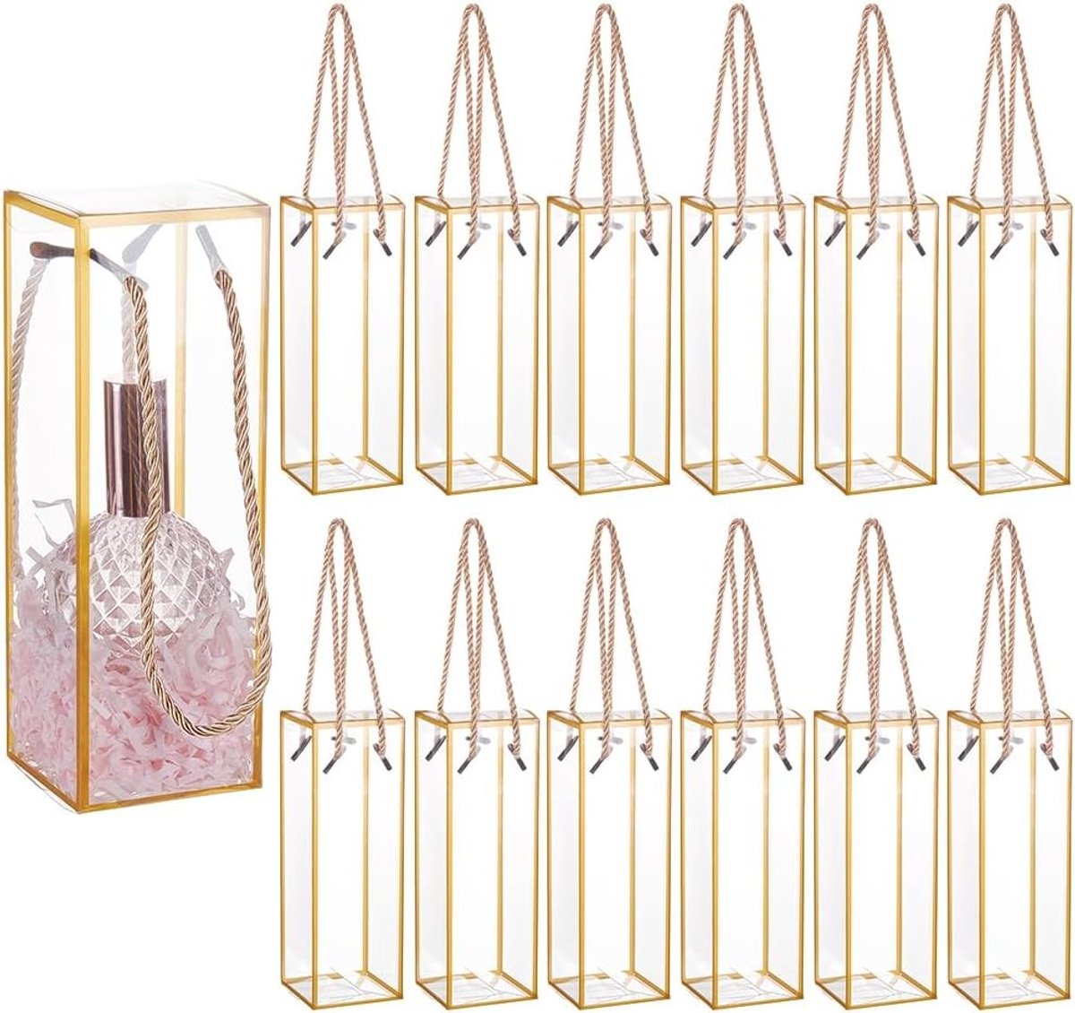 20 Transparante Geschenkdozen van Kunststof met Gouden Randen en Koord, Perfect voor Huwelijksgeschenken en Feestelijke Verpakkingen, 7 x 7 x 21 cm
