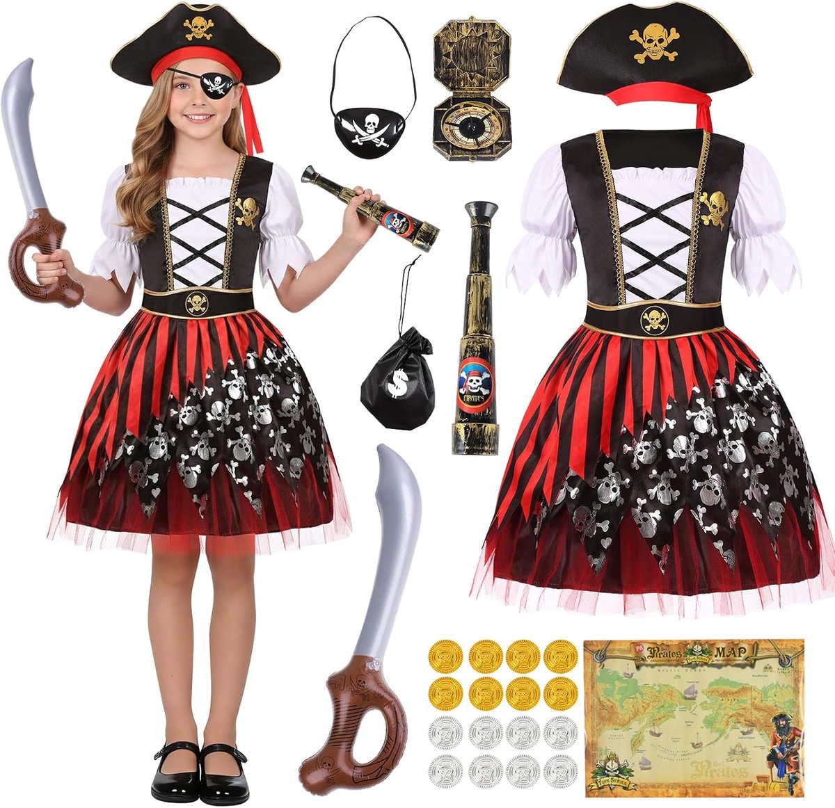 Piratenkostuum voor kinderen, piratenkostuum voor kinderverjaardag, piratenkostuum voor kinderen, met hoed en oogklep, piratas carnaval kleding voor kinderen