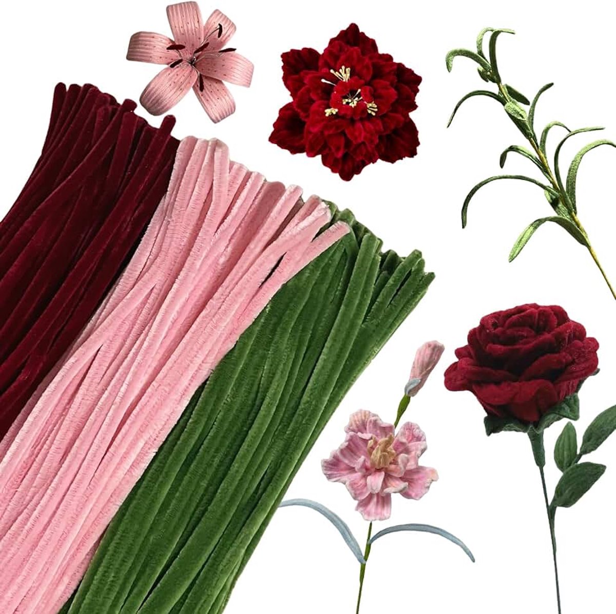 300 stuks, 3 kleuren, groen, roze, paarsrood, pijpenreiniger om te knutselen, 30CM Pipe Cleaner, pijpenreiniger om te knutselen, chenilledraad voor creatieve doe-het-zelfprojecten