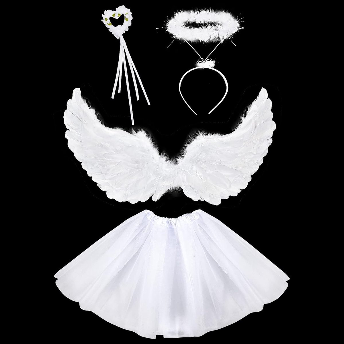 Engelenvleugels, wit-zwart, 60/65 cm, engelkostuum voor kinderen, met halo-hoofdband, toverstaf, engelvleugels, witte tutu, rok voor kinderen, voor Halloween, carnaval, cosplay, party,