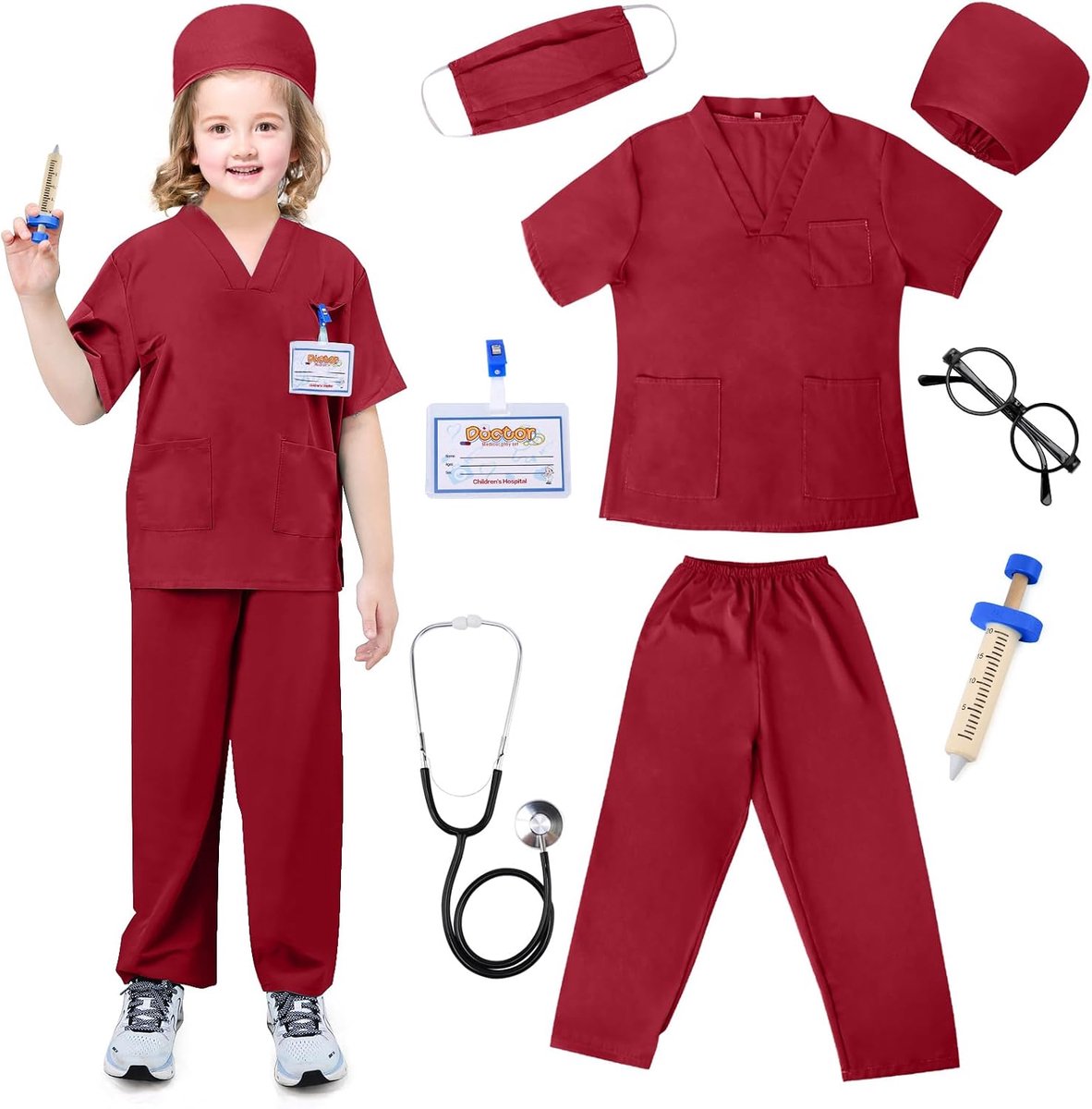 Dokterskostuum voor kinderen, doktersjas, kostuum voor kinderen, jongens, met accessoires, Halloween-kostuum, imitatiespeelgoed en cadeau voor kinderen, meisjes jaar