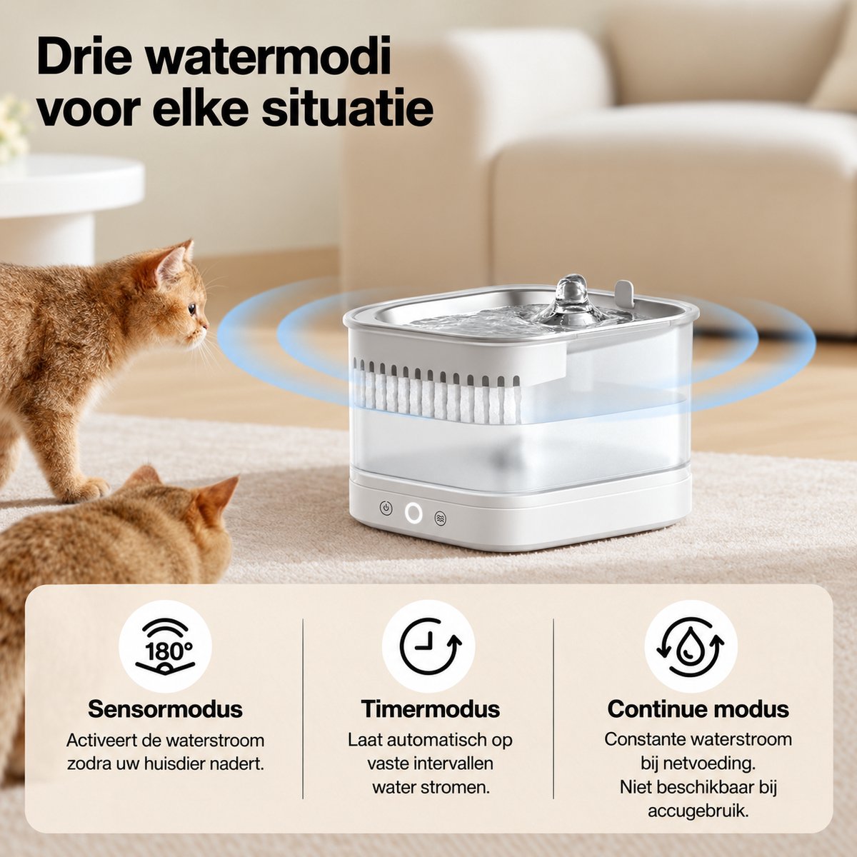 Draadloze Drinkfontein voor Katten en Kleine Honden – 2,5 L – Inclusief 7 Filters – Water en Stroom Gescheiden – Bewegingssensor – 3 Watermodi – 7200 mAh Accu – 304 RVS Drinkplateau – Stil tot 30 dB thumbnail 6