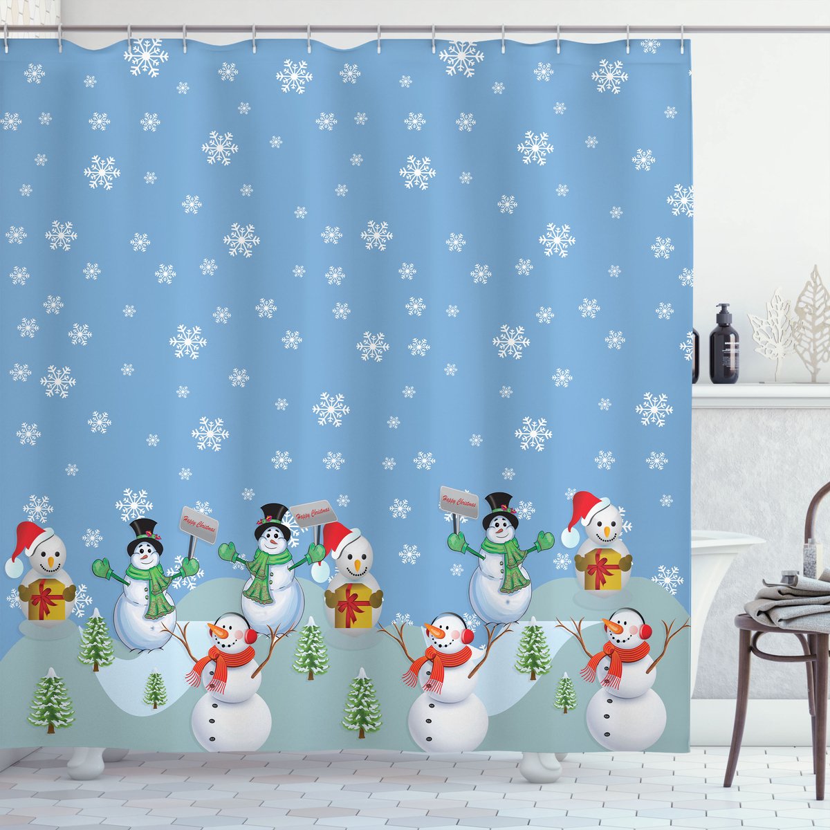 ABAKUHAUS Kerstmis Douchegordijn, Wintersaison Element, Stoffen Badkamerdecoratieset met Haken, 175 x 200 cm, Meerkleurig