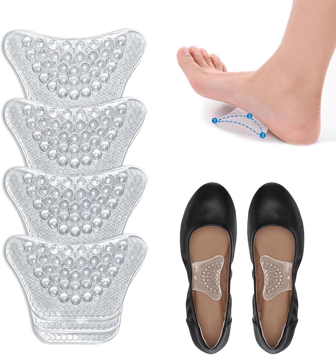 Fußgewölbestützen voor dames bij hielpijn, antislip onzichtbare bio-gel, vlindervorm voor hakken, ballerina's en sandalen (2 paar, medium voetboog)