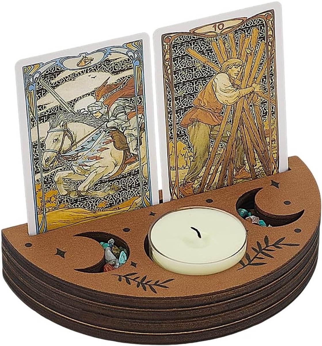 Houten Tarot Kaartenhouder in Halfrond Vorm met Maanfase Ontwerp voor Wicca en Decoratie van Tarotkaarten