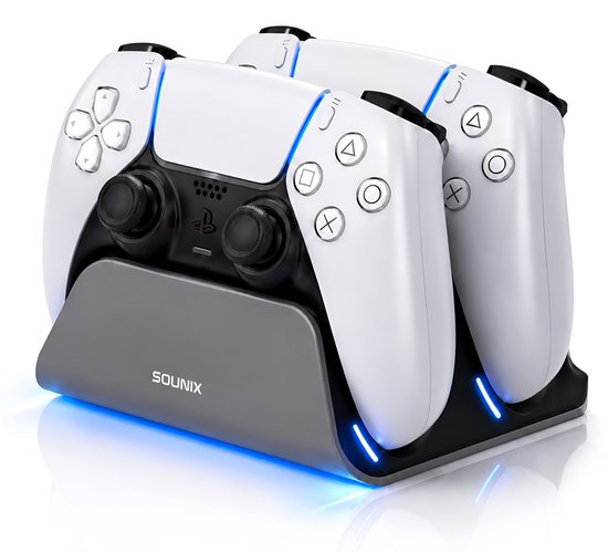 Grijs Sounix oplaadstation met twee witte PS5 controllers, blauwe LED-verlichting.