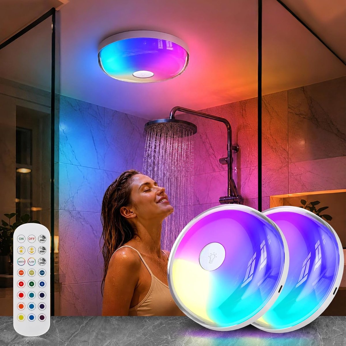 Set van 2 waterdichte douchelampen, IP44 waterdichte badkamerplafondlampen, keuze uit 16 kleuren, LED-plafondlampen, ingebouwde batterij