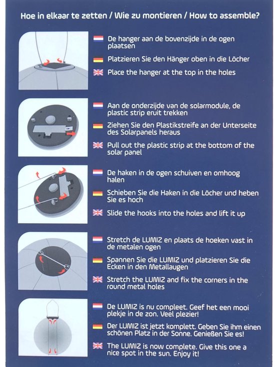 Instructies om de Lumiz lampion te monteren met afbeeldingen.