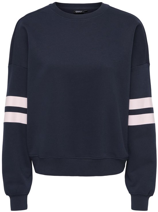 Donkerblauwe trui met roze strepen op de mouwen.