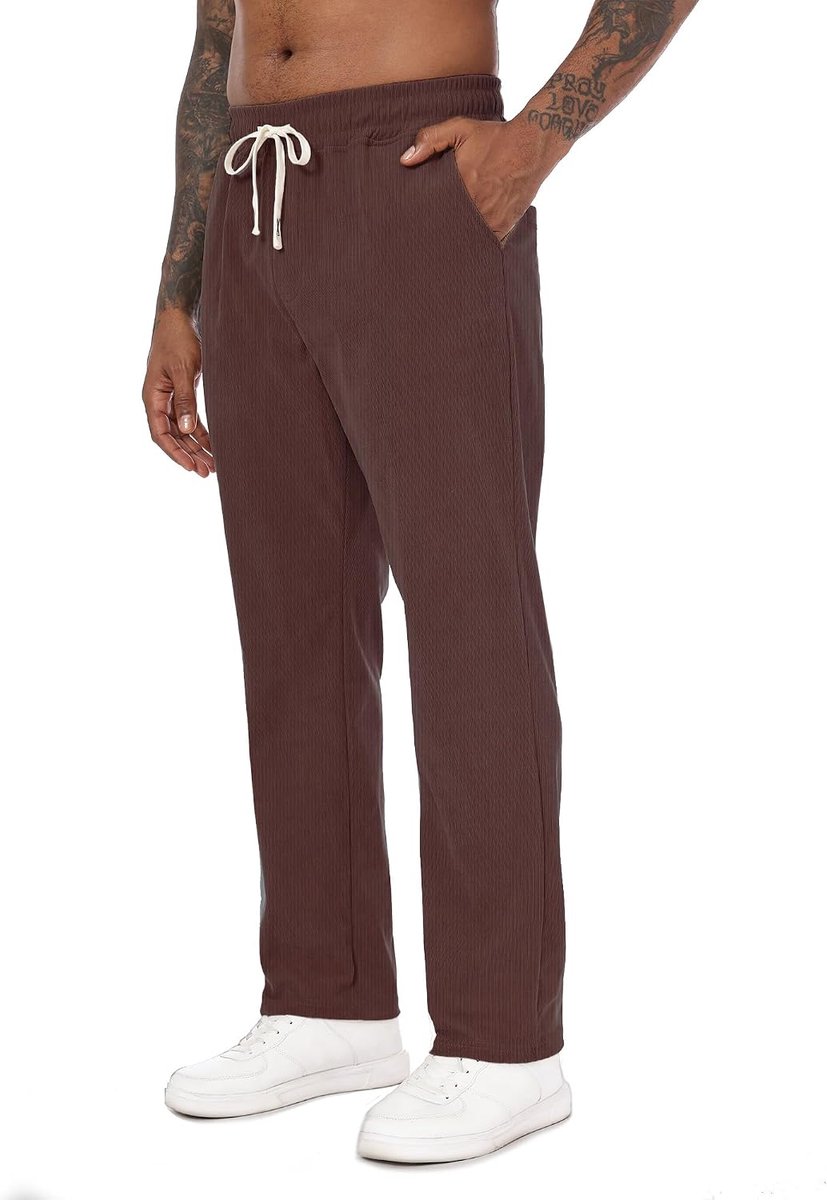 Corduroy chinobroek voor heren, regular fit, corduroy vrijetijdsbroek met zakken en elastische tailleband, voor kantoor, stad en dagelijks gebruik