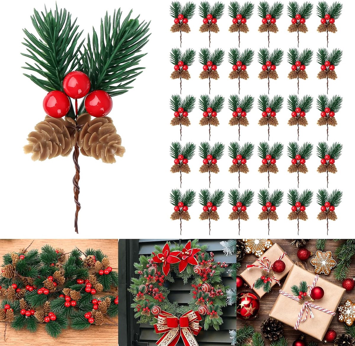 30 Stuks Kersttak Bessen - Tak met Hulst - Hulstbessen - Kersttakken - Diy Dennentakken Kerstdecoratie - Met Bessen en Dennenappels - Kerst Decoraties - Versieren Van Kerstkrans/Stukjes