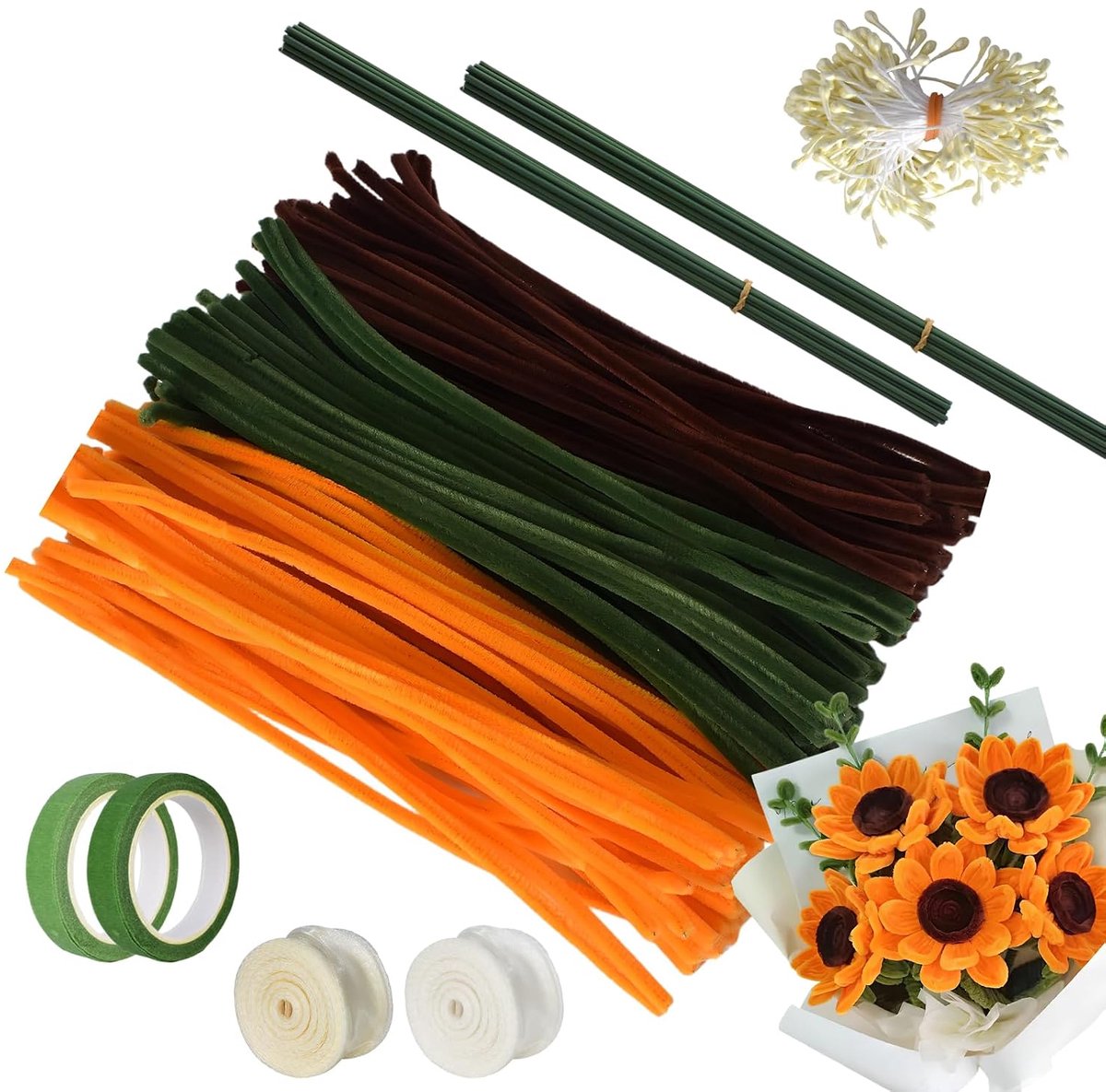Boeket Bloemen met borstels, 300 stuks kleurrijke pijpenragers, met bloemstempels voor doe-het-zelf bloemen, 2 bloemenlint, 20 stelen voor kunstbloemen 40 cm en 30 cm, 2 organza lint (set A)