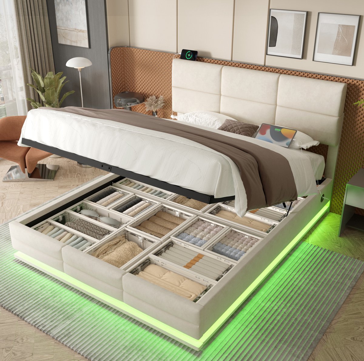 REDOM Tweepersoons bedframe - Hydraulische opbergruimte - Verstelbaar hoofdbord - LED verlichting met USB en Type C - Fluwelen stof - Beige - 180 x 200 cm