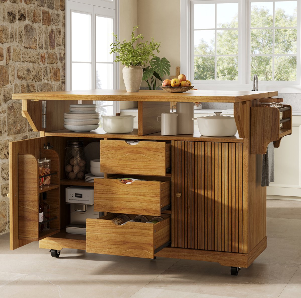 MODENUIT Keukenwagen 142,5 x 80 x 95 cm - Uitklapbaar Met 3 Lades En Remwielen - MDF - Donkerbruin