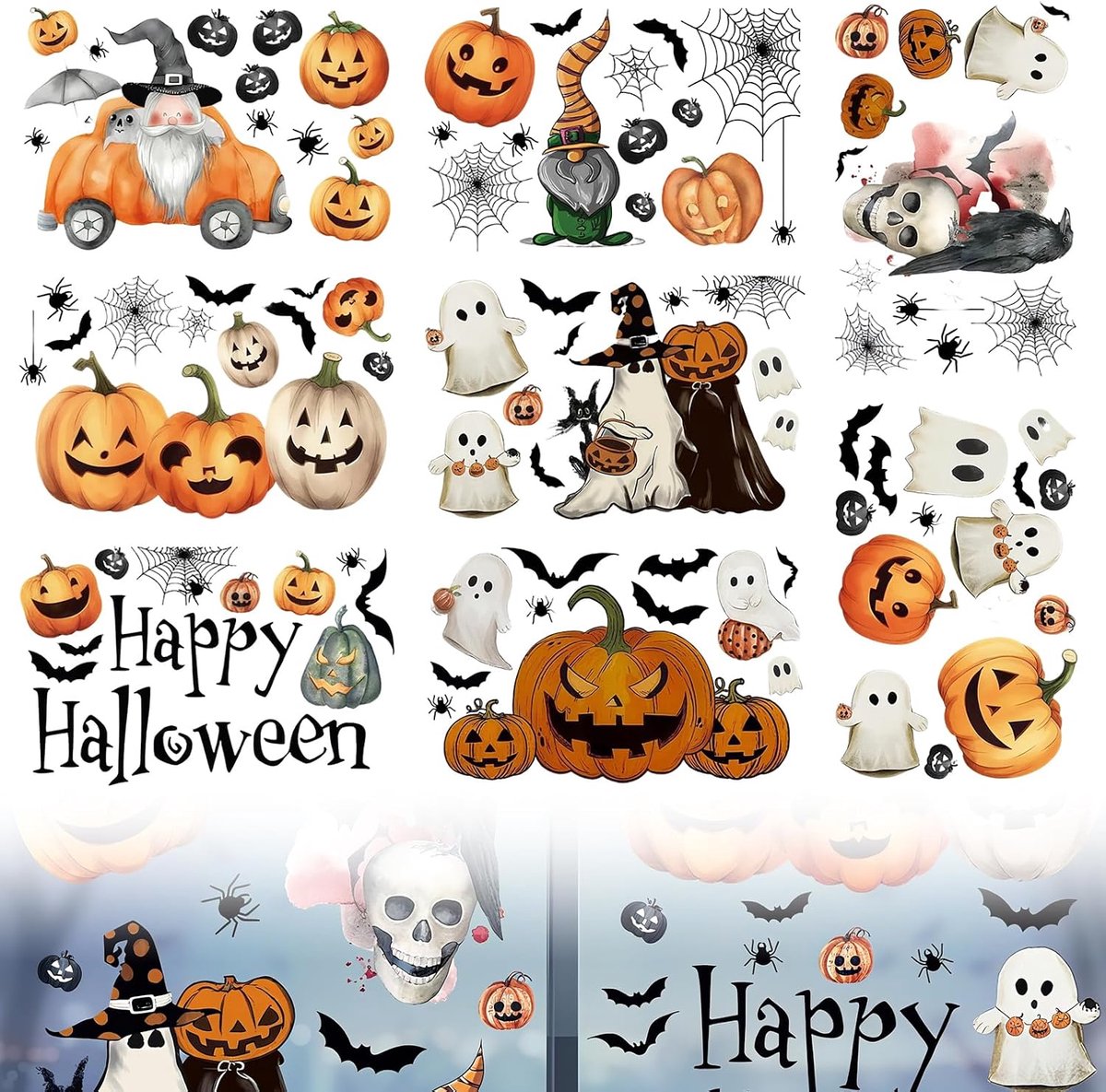 Raamstickers, Halloween decoratieve ramen, dubbelzijdige stickers, afneembaar, pompoen, spook, skelet, vleermuis, spin voor kinderkamer, carnaval