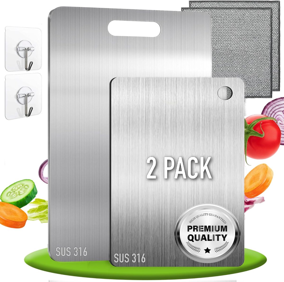 Set van 2 snijplanken van titaniumlegering voor de keuken van SUS316 roestvrij staal + haken en doeken, robuuste titanium snijplank, omkeerbaar en antibacterieel, 3-sterren