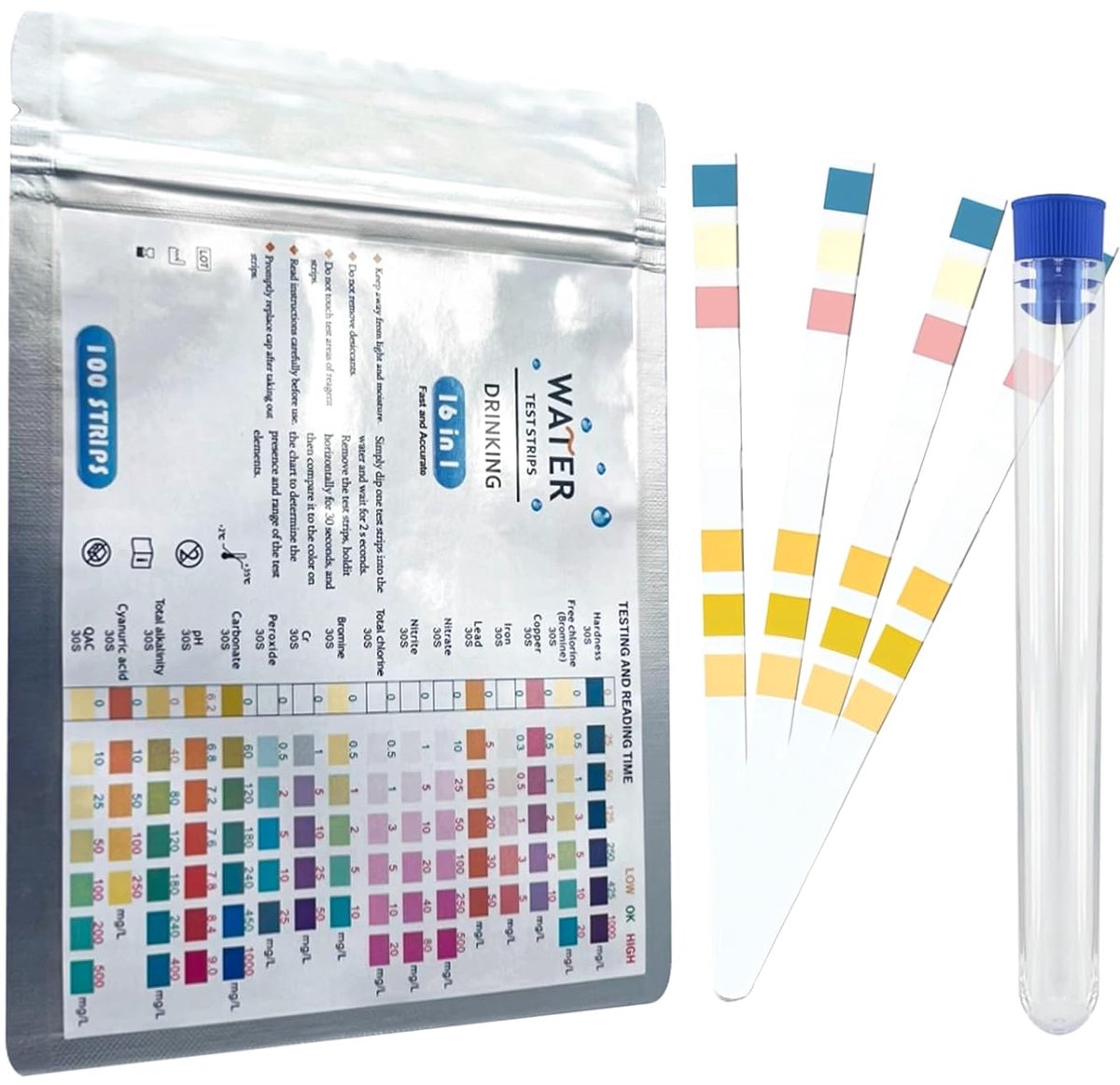 100 stuks 9-in-1 aquariumteststrips, drinkwater, testband, huishoudens en vijvers voor het testen van ijzer, koper, nitriet, chloor, totale hardheid, totale alkaliteit, carbonaat, pH-waarde voor