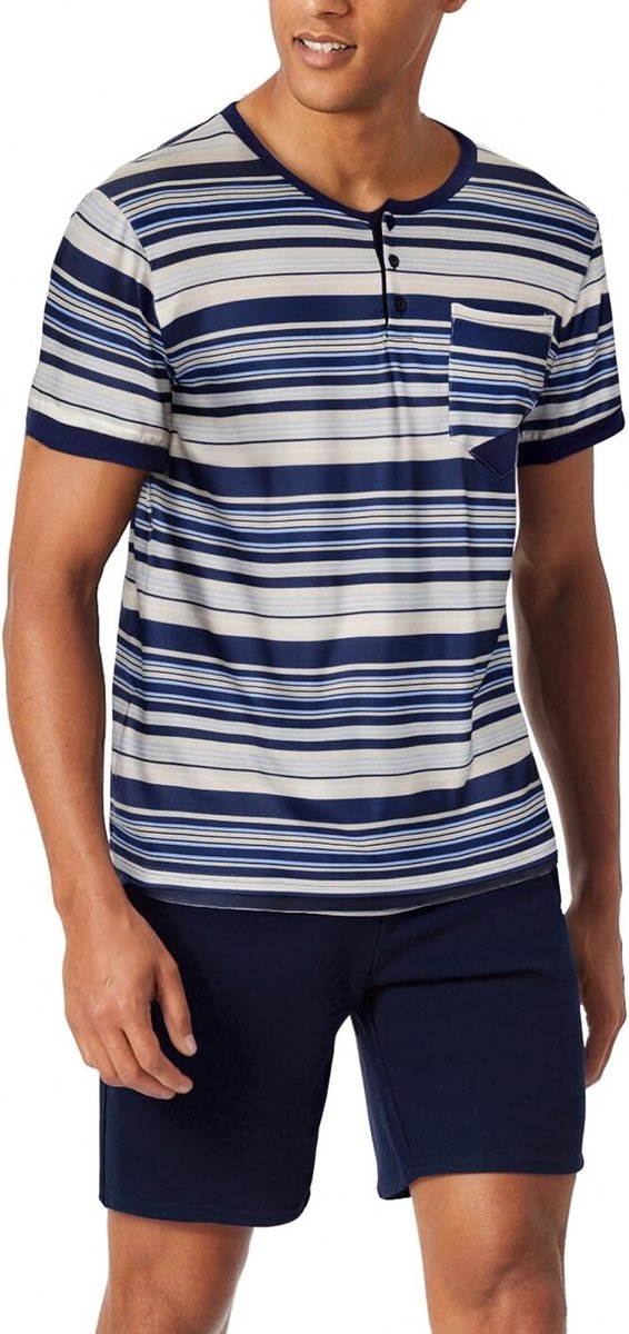 Pyjama voor heren, zomer, katoen, pyjamaset voor heren, kort, gestreept, korte mouwen, met zakken, 2-delig