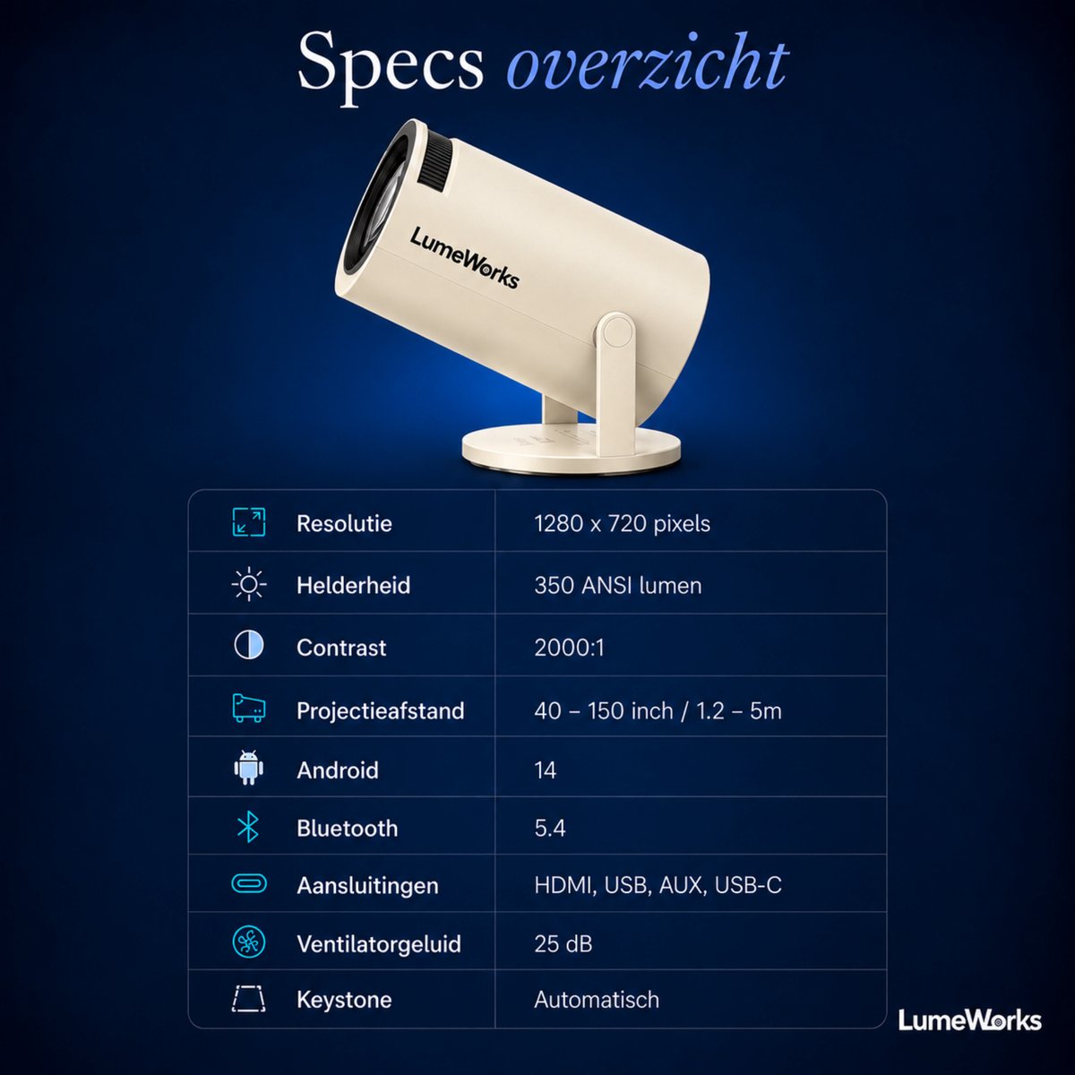 LumeWorks Luna Mini Beamer 2026 - 4K Support - Smart Projector met Android 14 - WiFi 6 & Bluetooth - Home Cinema - Draagbaar - Streamen vanaf Telefoon - Wit thumbnail 2