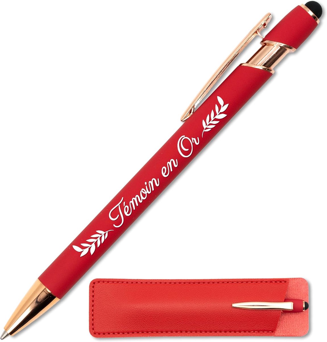 gouden pen met leren etui, cadeau-idee voor bruiloft, 2-in-1 metalen pen met lasergravure, origineel en chic om cadeau te geven (rood)