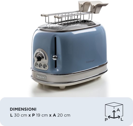 Blauwe Ariete broodrooster in vintage stijl met chroomafwerking. Afmetingen: L 30 cm x P 19 cm x A 20 cm.