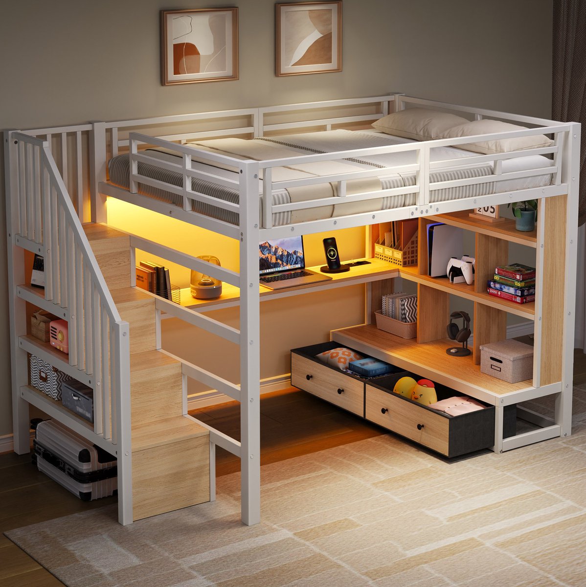 WUVRIE Hoogslaper 140x200 cm met bureau, boekenkast, opbergtrap en 2 lades, wit