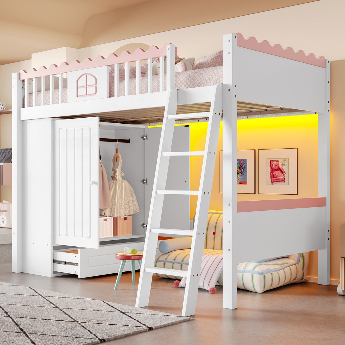 WUVRIE Hoogslaper 90x200 cm met kledingkast, lade en LED-verlichting, wit/roze