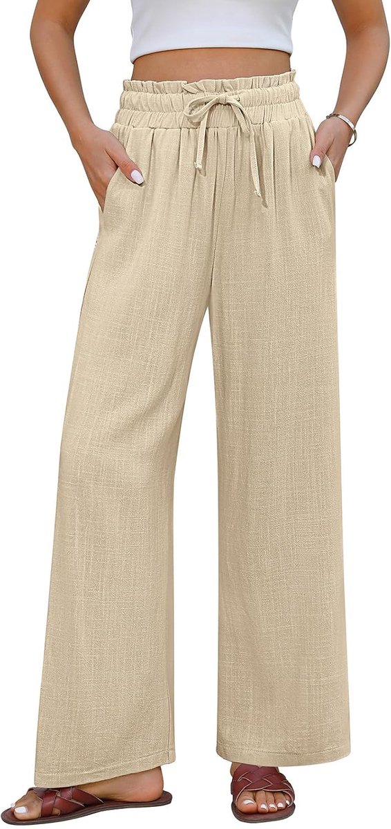 Damesbroek zomer katoen linnen wijde pijpen broek dames elegante losse lounge broek met zakken elastische hoge taille broek met trekkoord