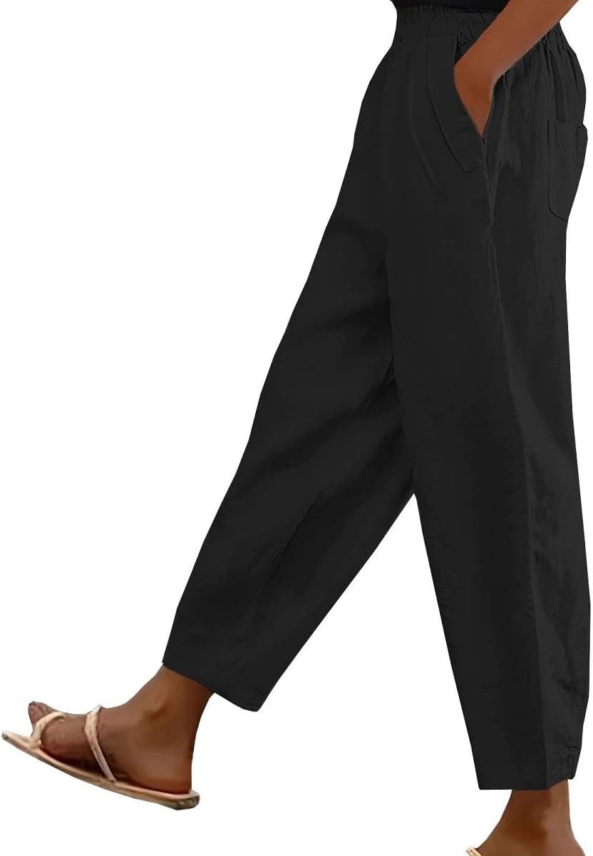 damesbroek van linnen, casual, 7/8, katoen, losse broek, zomerbroek met zakken, beenbroek met trekkoord, strandbroek, elastische broek