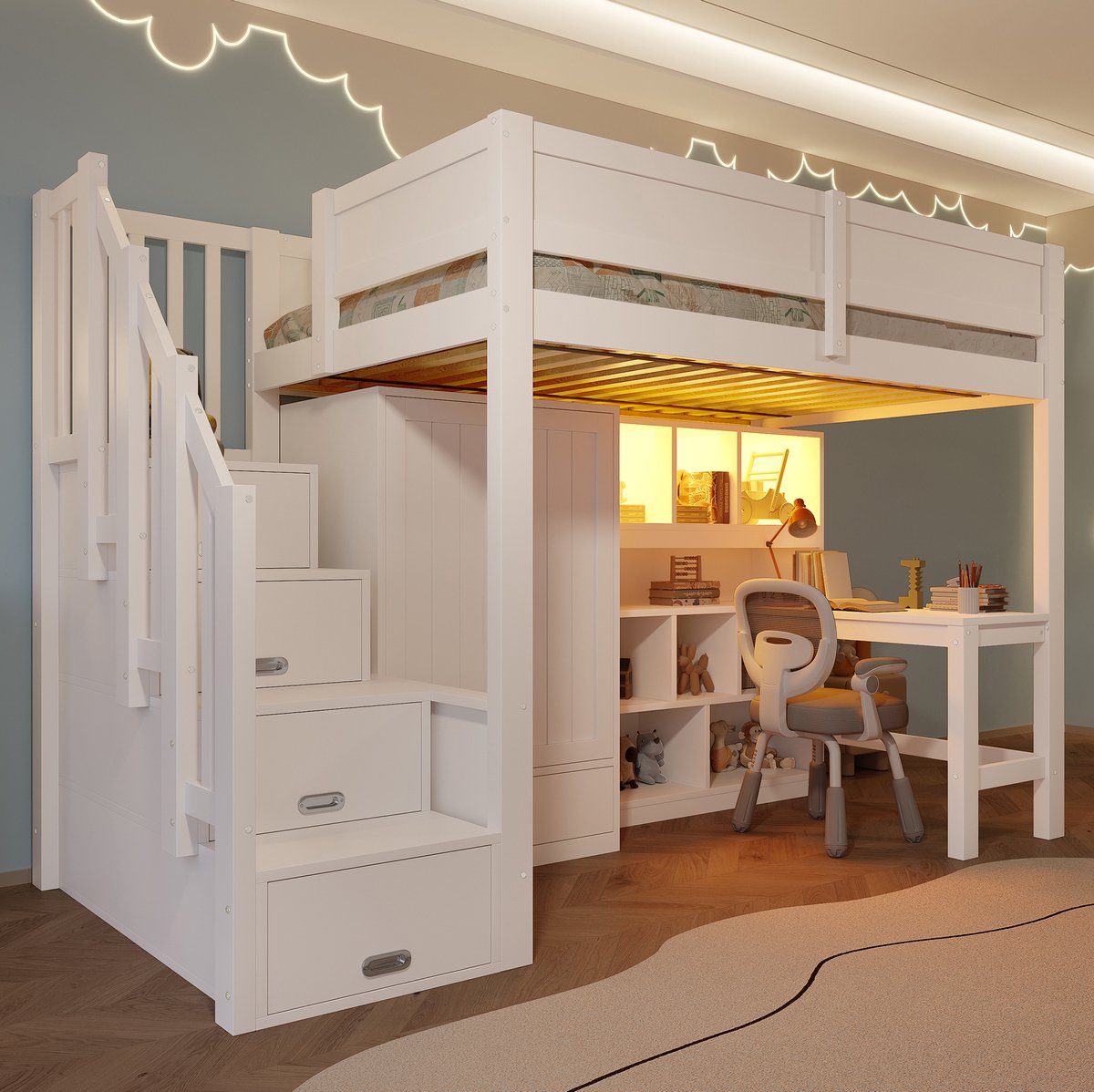 WUVRIE Hoogslaper 90x200 cm met bureau, kledingkast, opbergtrap, planken en LED-verlichting, wit