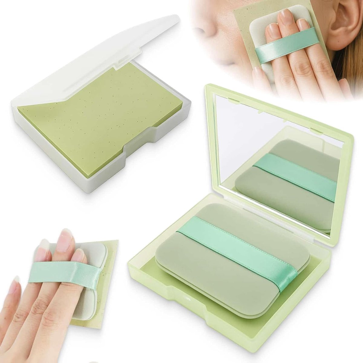 Vloeipapier met spiegel en poederkwast, oliecontrolepapier en olieabsorberende vellen, blotting papier voor matte afwerking, veganistisch en geurvrij, voor alle huidtypes