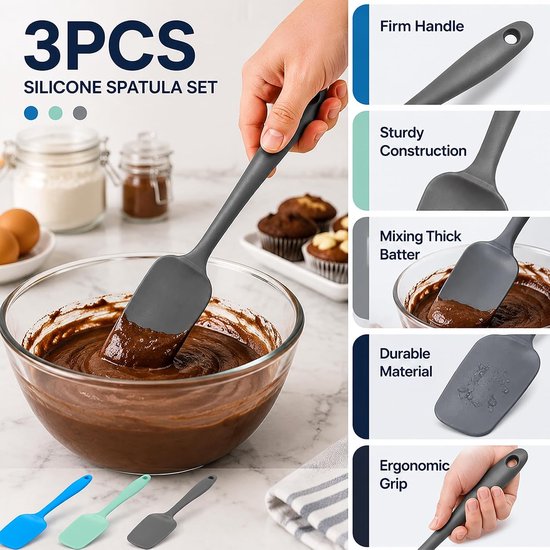 3 stuks keukenspatel van siliconen, eendelig, robuust, Maryses, zacht, voor bakken, koken, mengen, schrapen en serveren, antislip en comfortabele handgreep — afbeelding 3