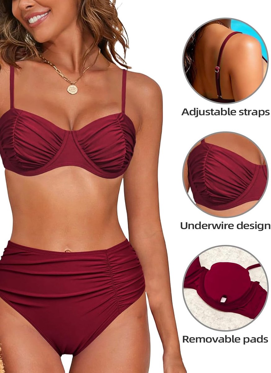 Badpak voor dames, 2-delig, hoge taille, platte buik, bikiniset, push-up, gevoerd, sexy, bikiniset met beugels, zwemkleding, beachwear