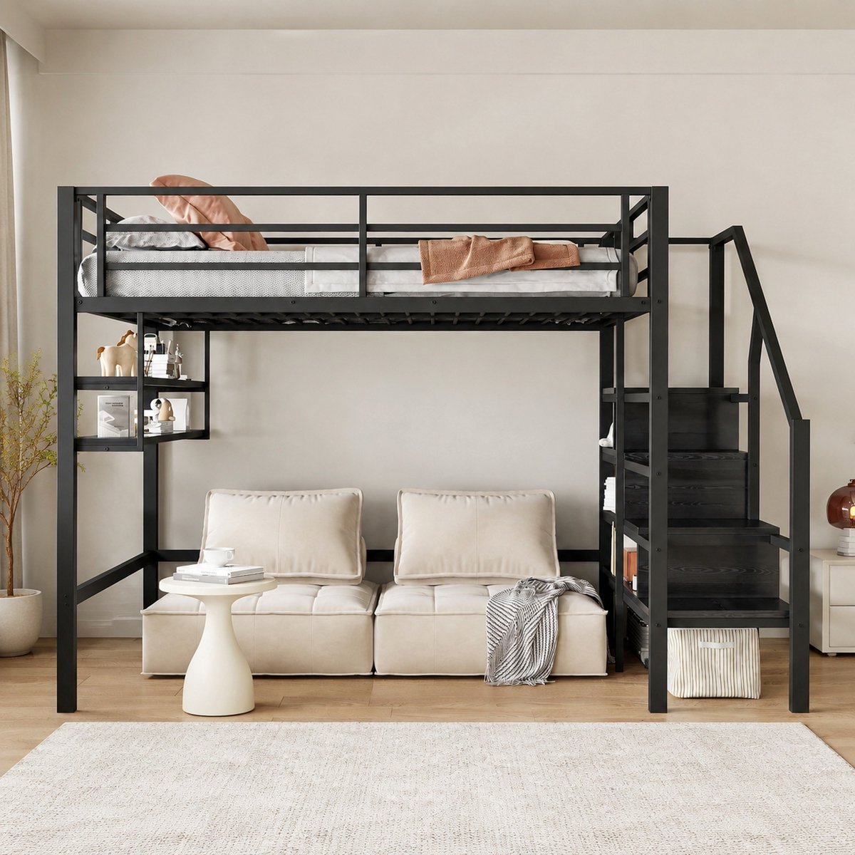 WUVRIE Hoogslaper 140x200 cm met opbergladder, legplanken en uitvalbeveiliging, zwart