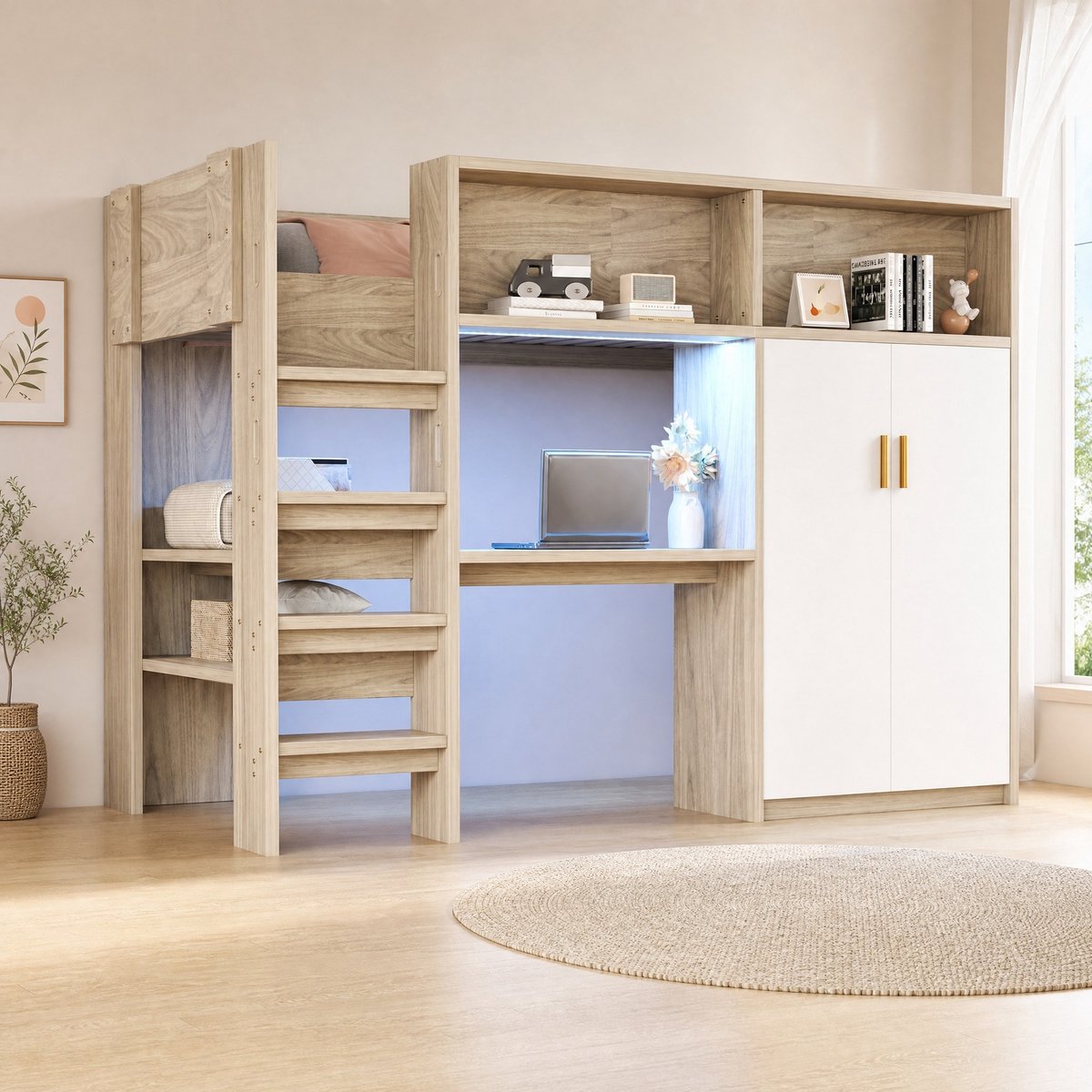 WUVRIE Hoogslaper 90 x 200 cm met bureau, kledingkast, opbergruimte, LED en lattenbodem, naturel Natuurlijke houtkleur