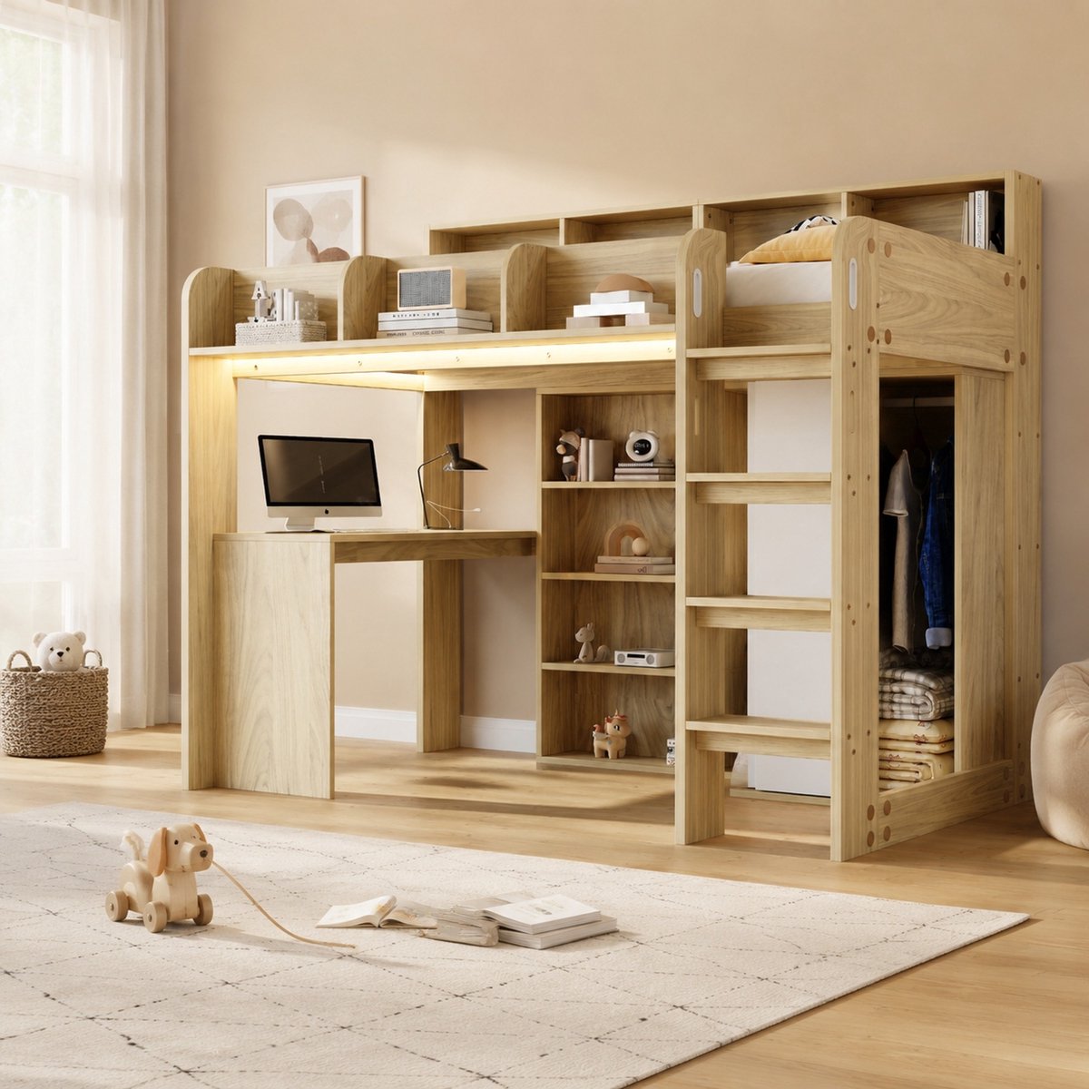 WUVRIE Hoogslaper 90x200 cm met bureau, kledingkast, opbergruimte, LED en stopcontact, naturel Natuurlijke houtkleur