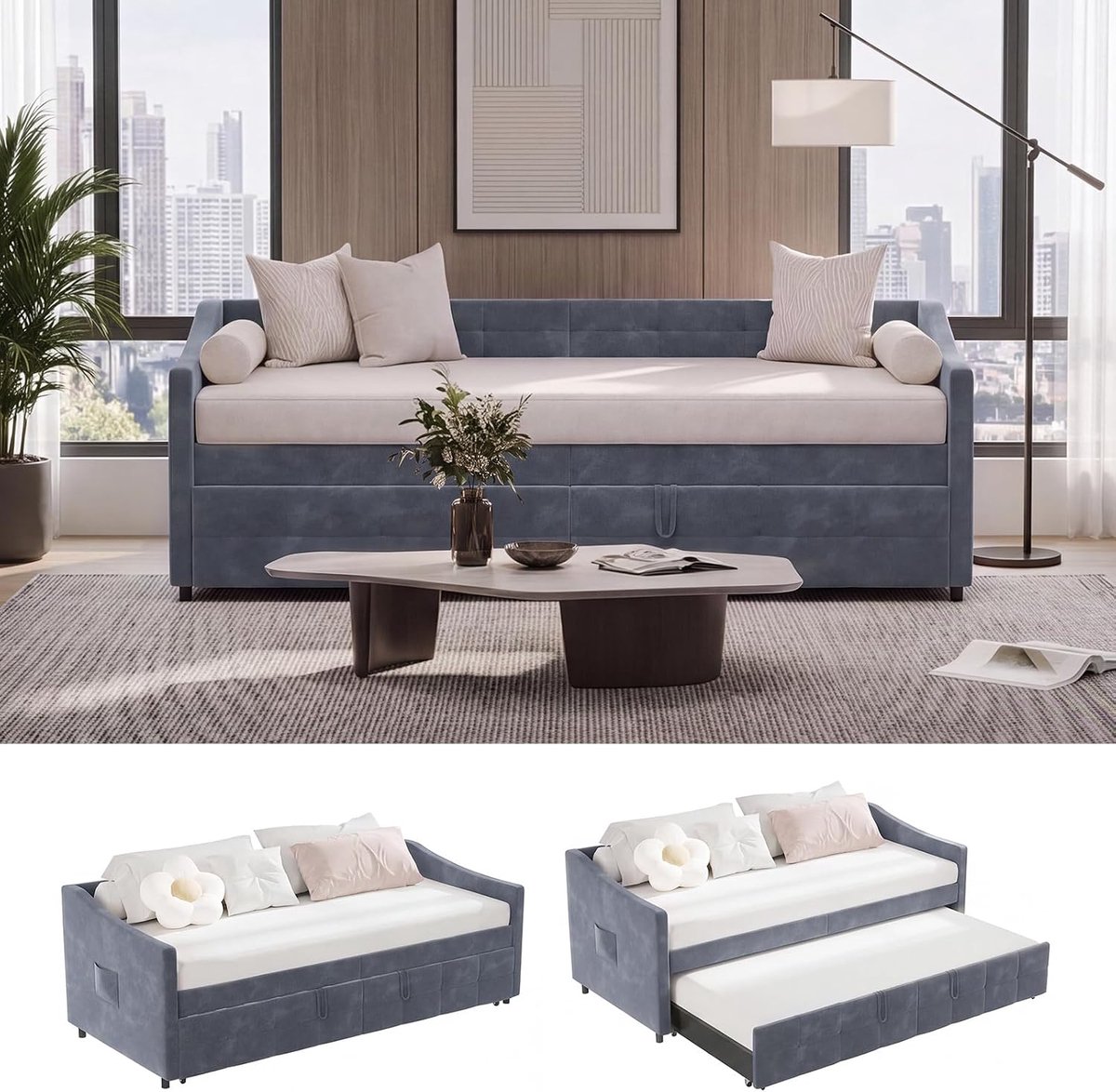 Slaapbank, dagbed, uittrekbaar, bekleding, slaapbank, uittrekbed met lattenbodem, multifunctioneel bed, functioneel bed, dagbed voor woonkamer, slaapkamer, zonder matras, 90 x 200 cm