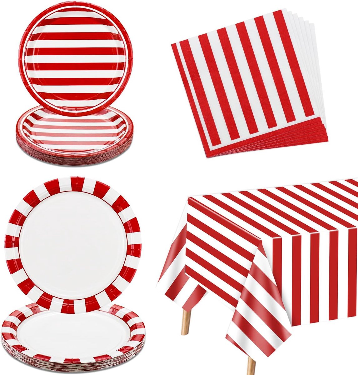 circusfeest accessoires, rode en witte strepen feestdecoraties, set van 61 stuks met kartonnen borden, servetten, carnaval tafelkleed, voor verjaardag, baby shower, picknick, geschikt voor 20
