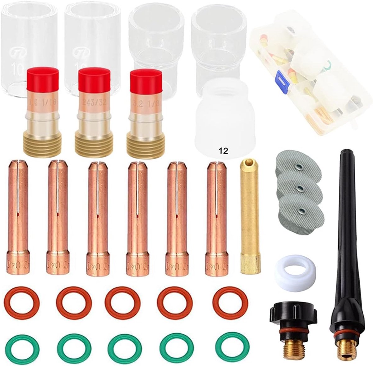 32Pcs for TIG Welding Torch Accessories Kit Stubby Gas Lens #10#12 for Pyrex Glass Cup Collets Body #12 Alumina Nozzle Cup Collets for WP-17/18/26 Welding Gun Consumables, with Storage Box