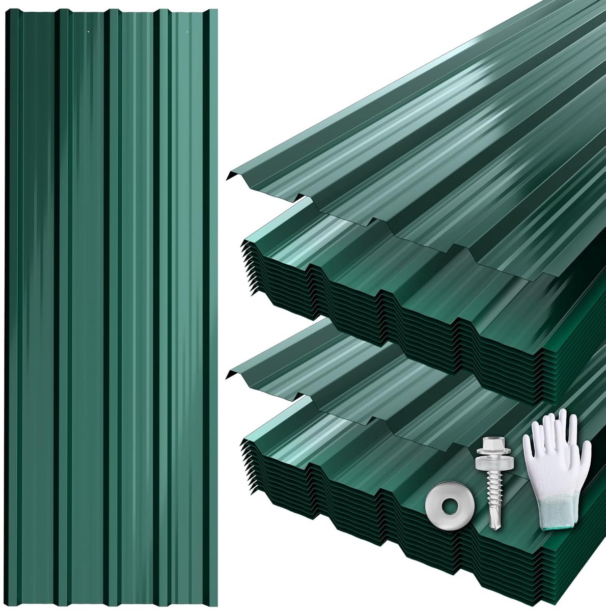 Set van 24 profielplaten met handschoenen en schroeven, verzinkt staal, trapeziumplaat, dakplaat met structuur, 14 m², dakplaten, weerbestendig, roestbestendig, golfplaat voor
