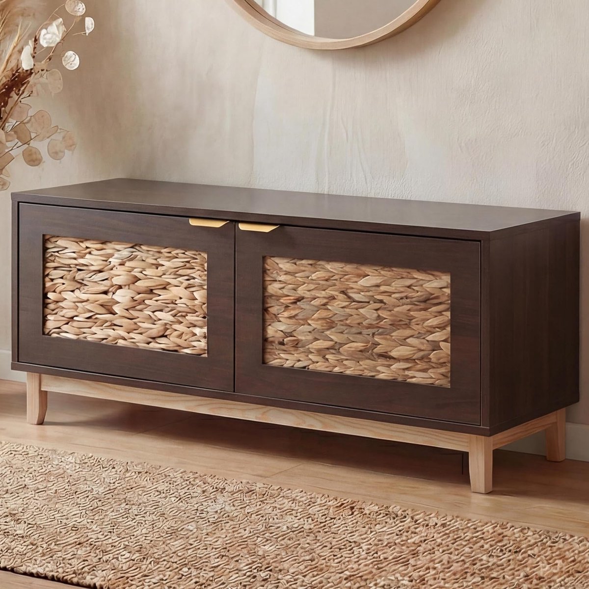 Zitbank HWC-P54, garderobebank schoenenrek schoenenrek, MDF melamine waterhyacint front 45x100x42cm - walnootlook