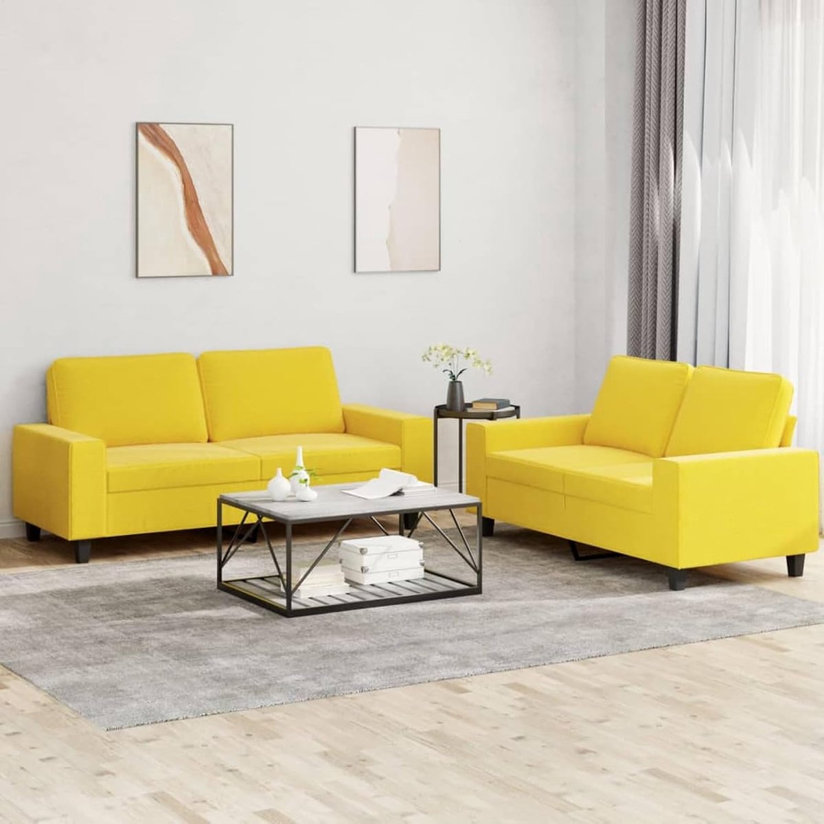 2-delige bankstel lichtgeel stof, gestoffeerde bank zitgroepen sofa voor woonkamer appartement kantoor logeerkamer entree 3201887