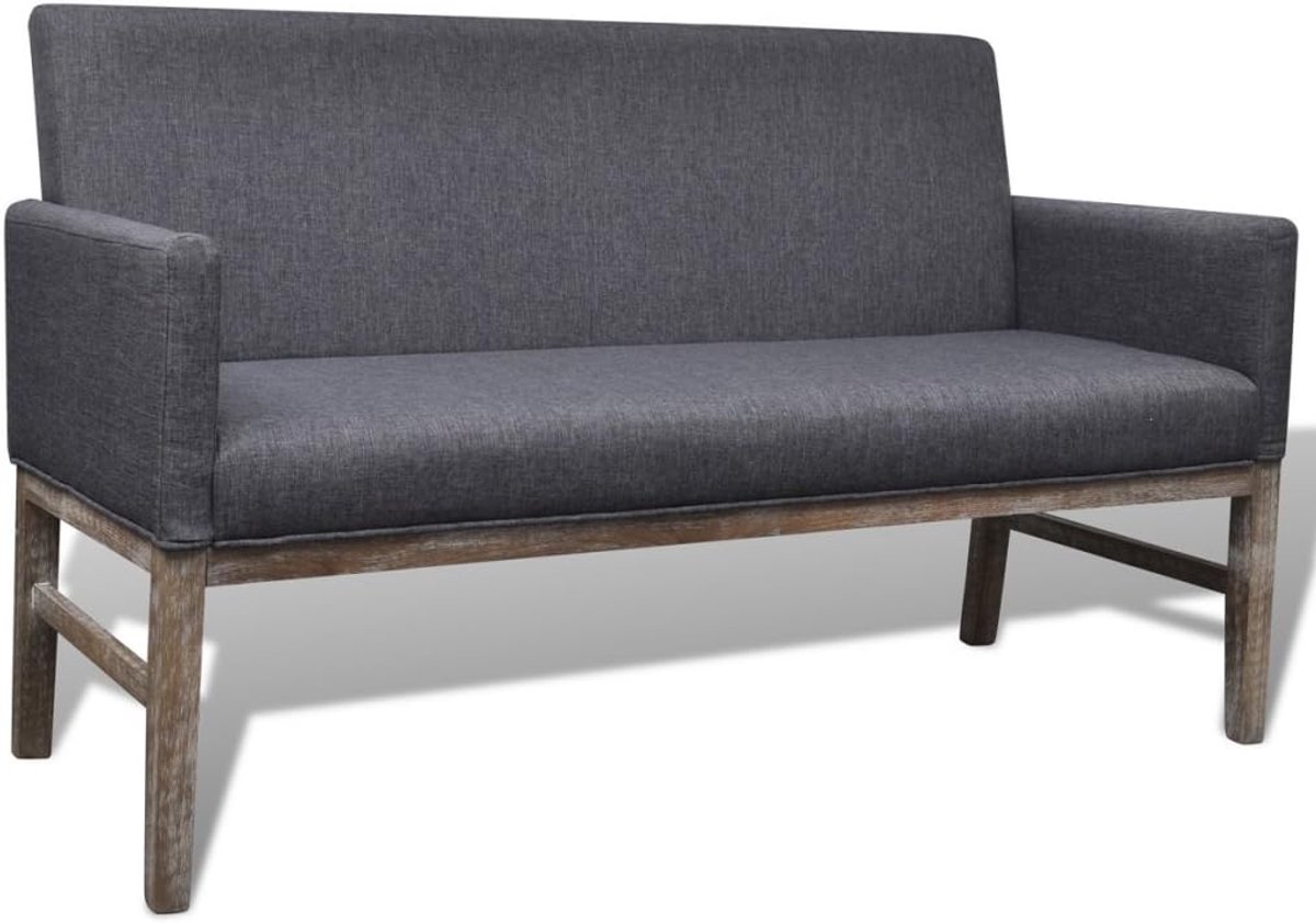 Bankbank, zitbank, loungebank beklede bank, zitmeubel, stoffen bekleding, houten frame met rugleuning, donkergrijs