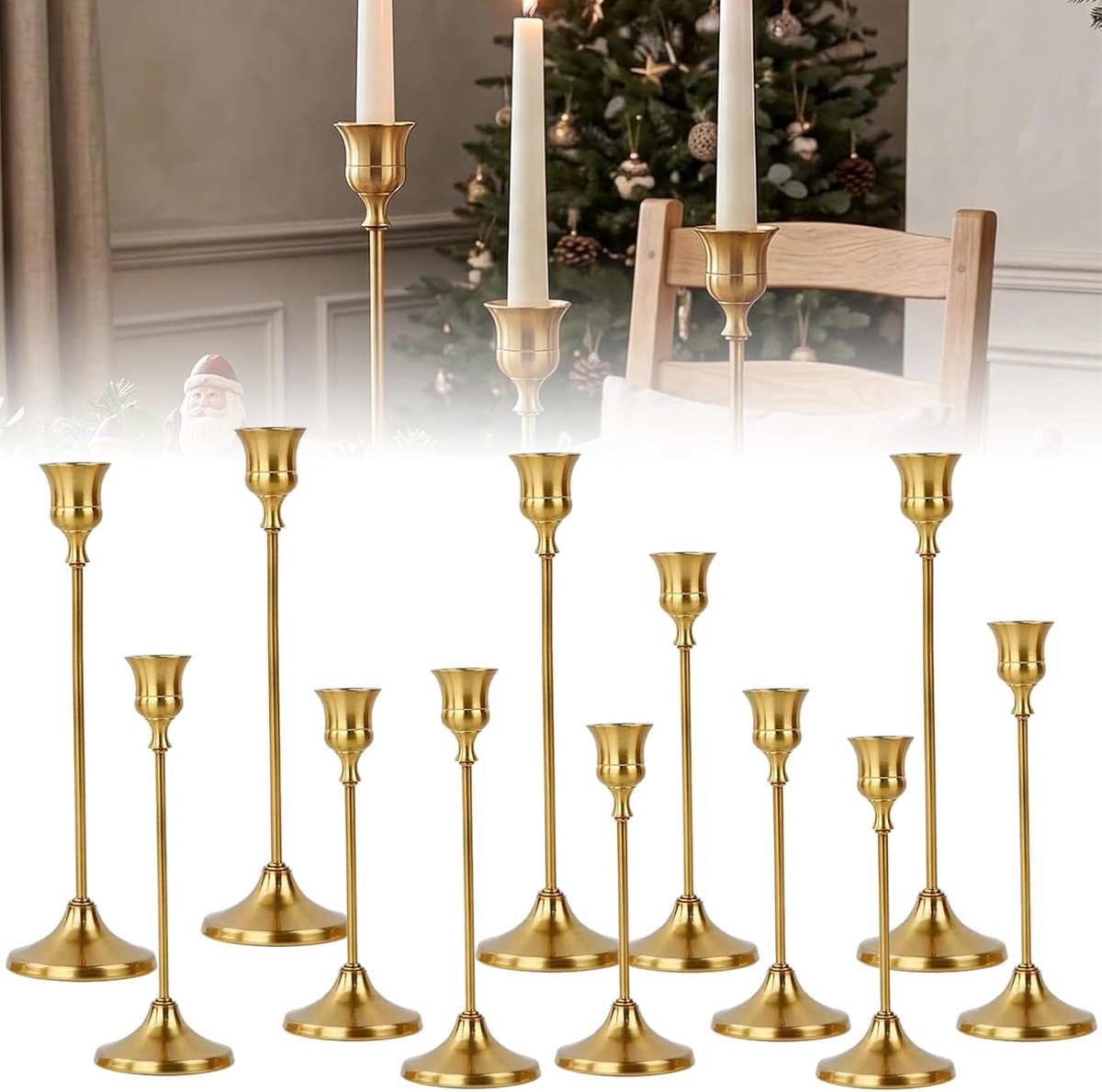 12 stuks kandelaars Frans goud mat metaal kandelaars set 3 verschillende hoogtes geschikt voor 2,2 cm taper kaarsen bruiloft tafeldecoratie woonkamer party diner decor