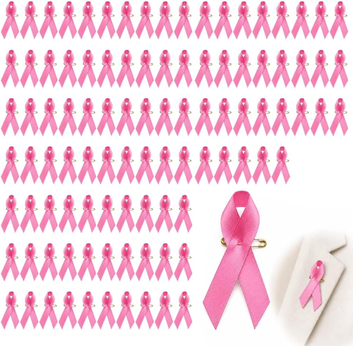 100 stuks roze strikspelden voor bewustzijn van borstkanker, polyester roze oktober spelden met veiligheidsspeld voor vrouwen, liefdadigheidsevenementen en decoratie-accessoires
