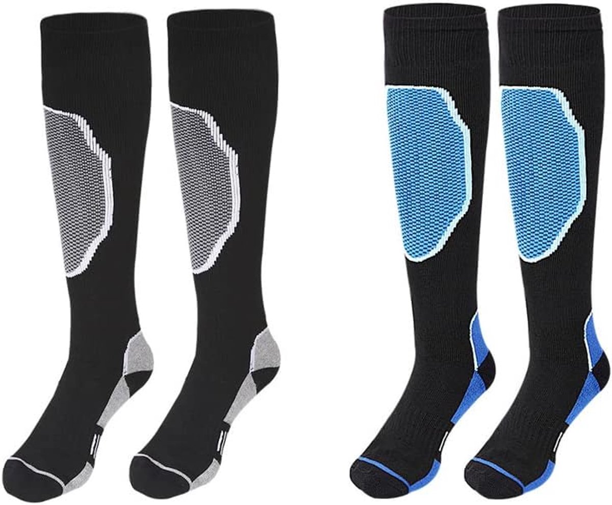 sokken voor heren, 2 paar, hoge prestaties, thermisch koud weer, knie-hoge sokken, winter, warm, antislip, lange slang, volwassen sokken voor skiën, snowboarden, wandelen, trekking, buitensporten, A1-grijs & zwart+blauw&zwart (2 paren), One Size