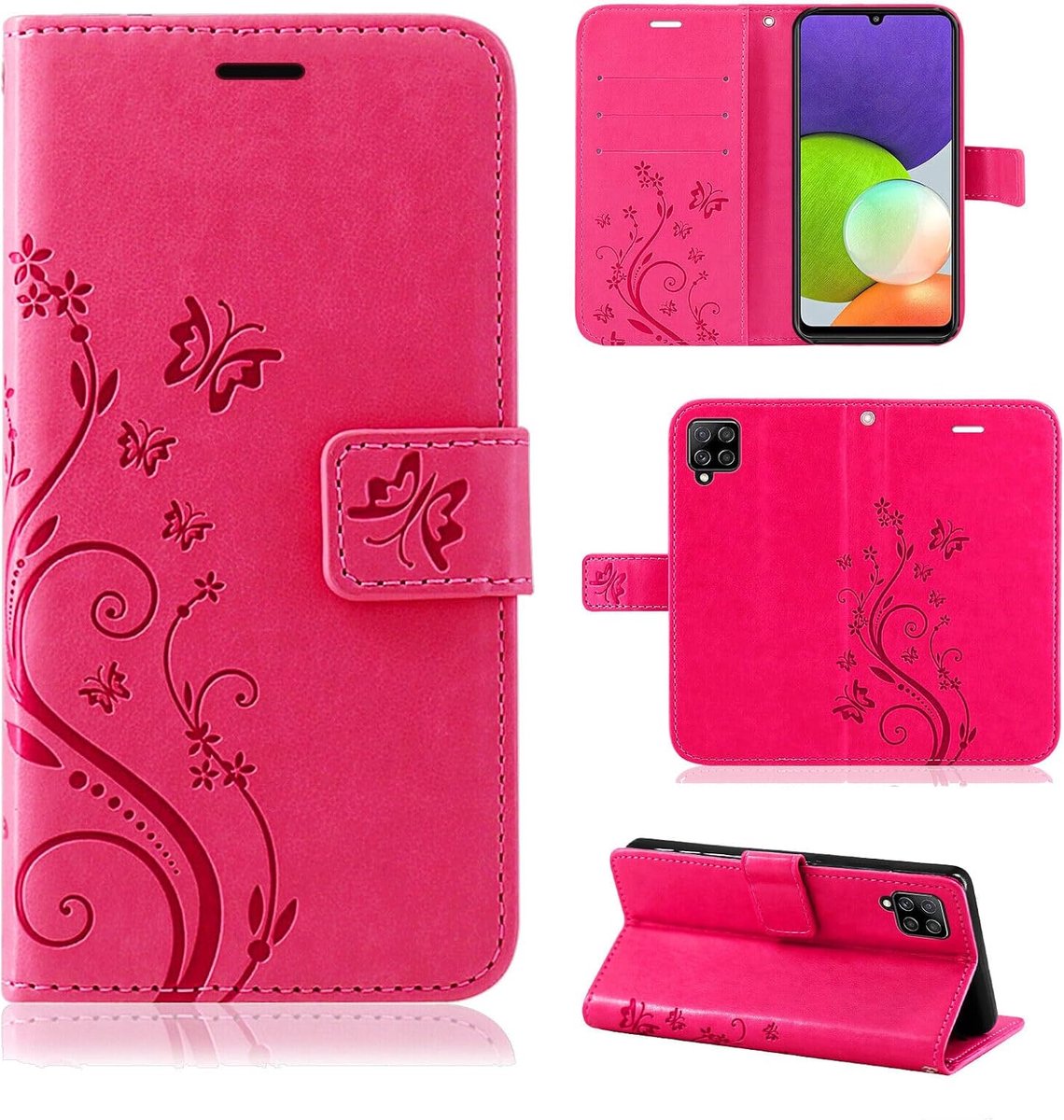 Betterfon Hoes compatibel met Samsung Galaxy A22 4G, premium PU-leren telefoonhoes, wallet case voor Galaxy A22 4G, beschermhoes, bloemen, klaphoes, telefoonhoes, roze